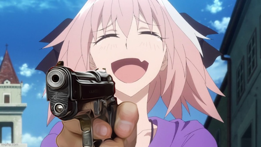 Astolfo with 2 guns! | image tagged in astolfo anime laugh,astolfo,two,guns,anime boi | made w/ Imgflip meme maker