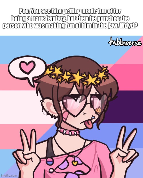 totally not what my trans self is gonna look like | Pov: You see him getting made fun of for being a trans femboy, but then he punches the person who was making fun of him in the jaw. Wdyd? | image tagged in lgbtqia plus,roleplay,wdyd,omnisexual,transgender | made w/ Imgflip meme maker