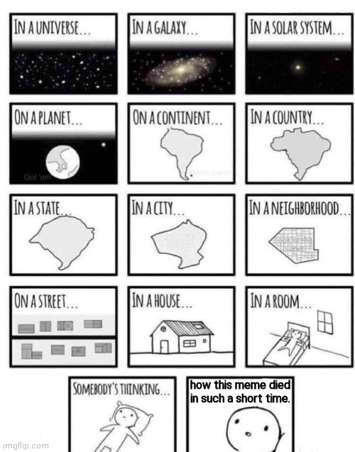 Somewhere | how this meme died in such a short time. | image tagged in somewhere | made w/ Imgflip meme maker