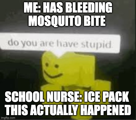 ???????????? | ME: HAS BLEEDING MOSQUITO BITE; SCHOOL NURSE: ICE PACK 


THIS ACTUALLY HAPPENED | image tagged in do you are have stupid | made w/ Imgflip meme maker