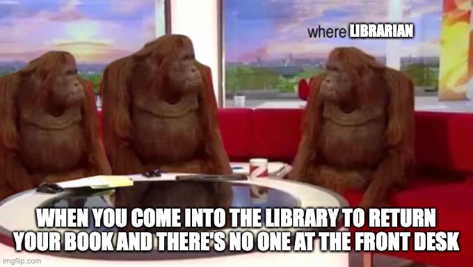 WHERES THE LIBRARIAN!!!! | LIBRARIAN; WHEN YOU COME INTO THE LIBRARY TO RETURN YOUR BOOK AND THERE'S NO ONE AT THE FRONT DESK | image tagged in where banana,relatable,library | made w/ Imgflip meme maker