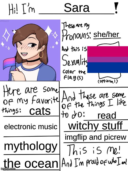 Me | Sara; she/her; cats; read; electronic music; witchy stuff; imgflip and picrew; mythology; the ocean | image tagged in lgbtq stream account profile | made w/ Imgflip meme maker