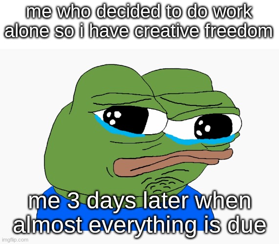 AND I HAVE TO COMPLETE JUST ABOUT EVERYTHING TODAY | me who decided to do work alone so i have creative freedom; me 3 days later when almost everything is due | image tagged in crying pepe | made w/ Imgflip meme maker