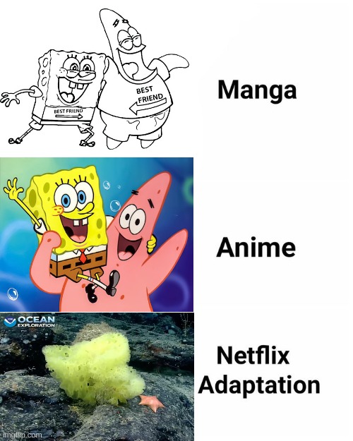 Manga, Anime, Netflix adaption | image tagged in manga anime netflix adaption | made w/ Imgflip meme maker