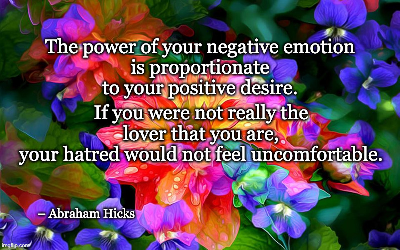 Lover that you are! | The power of your negative emotion
is proportionate
to your positive desire. If you were not really the lover that you are,
your hatred would not feel uncomfortable. – Abraham Hicks | image tagged in colorful flowers,abraham hicks,law of attraction,love,hatred | made w/ Imgflip meme maker