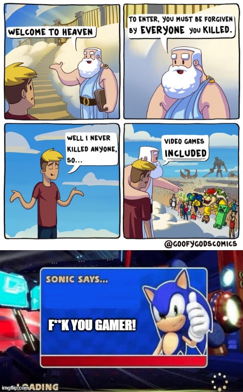 lol | F**K YOU GAMER! | image tagged in video games included,sonic says,sonic the hedgehog,sonic,sega | made w/ Imgflip meme maker