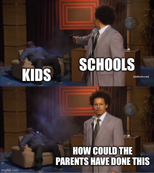 Schools be like |  SCHOOLS; KIDS; HOW COULD THE PARENTS HAVE DONE THIS | image tagged in memes,who killed hannibal | made w/ Imgflip meme maker