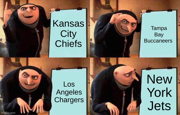 Football | Kansas City Chiefs; Tampa Bay Buccaneers; Los Angeles Chargers; New York Jets | image tagged in memes,gru's plan,football | made w/ Imgflip meme maker