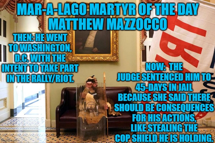 He lost his job.  The Tangerine Tyrant has made millions off of the riot. Sucker! | MAR-A-LAGO MARTYR OF THE DAY
MATTHEW MAZZOCCO; NOW:  THE JUDGE SENTENCED HIM TO 45-DAYS IN JAIL BECAUSE SHE SAID THERE SHOULD BE CONSEQUENCES FOR HIS ACTIONS, LIKE STEALING THE COP SHIELD HE IS HOLDING. THEN: HE WENT TO WASHINGTON, D.C. WITH THE INTENT TO TAKE PART IN THE RALLY/RIOT. | image tagged in politics | made w/ Imgflip meme maker