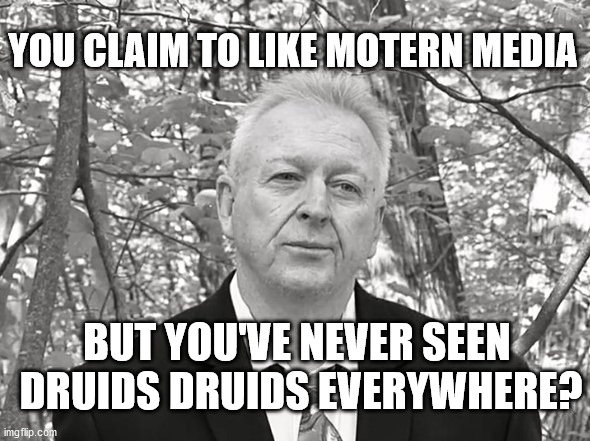 Motern Media fan | YOU CLAIM TO LIKE MOTERN MEDIA; BUT YOU'VE NEVER SEEN 
DRUIDS DRUIDS EVERYWHERE? | image tagged in motern media,heard she got married,druids druids everywhere,kevin mcgee | made w/ Imgflip meme maker