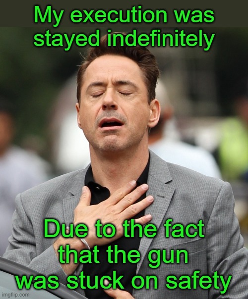 relieved rdj | My execution was stayed indefinitely Due to the fact that the gun was stuck on safety | image tagged in relieved rdj | made w/ Imgflip meme maker