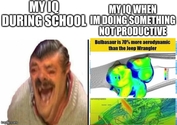 my iq | MY IQ DURING SCHOOL; MY IQ WHEN IM DOING SOMETHING NOT PRODUCTIVE | image tagged in iq | made w/ Imgflip meme maker