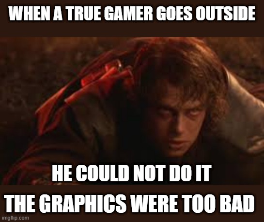 The graphics were just simply horrible | WHEN A TRUE GAMER GOES OUTSIDE; HE COULD NOT DO IT; THE GRAPHICS WERE TOO BAD | image tagged in star wars,anakin skywalker | made w/ Imgflip meme maker