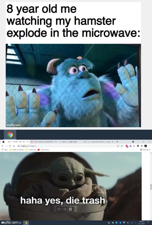 bruh | image tagged in monsters inc,baby yoda,kaboom | made w/ Imgflip meme maker