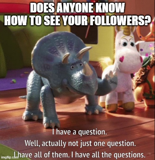 i dont know who my followers are ;-; | DOES ANYONE KNOW HOW TO SEE YOUR FOLLOWERS? | image tagged in i have all the questions | made w/ Imgflip meme maker