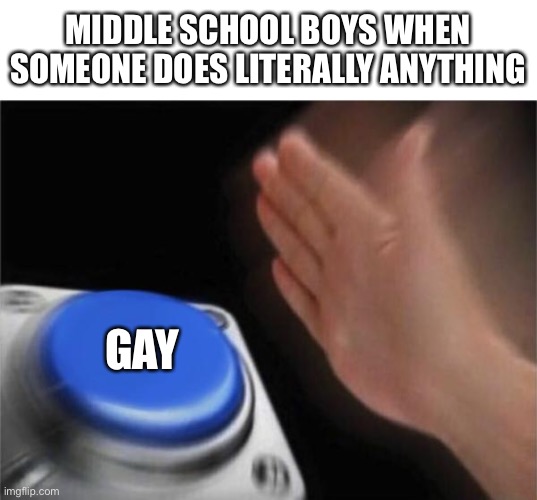 Middle School Boys be like | MIDDLE SCHOOL BOYS WHEN SOMEONE DOES LITERALLY ANYTHING; GAY | image tagged in memes,blank nut button | made w/ Imgflip meme maker