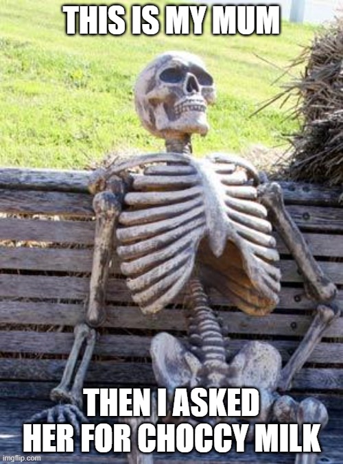 Waiting Skeleton Meme | THIS IS MY MUM; THEN I ASKED HER FOR CHOCCY MILK | image tagged in memes,waiting skeleton | made w/ Imgflip meme maker