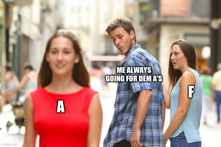 Distracted Boyfriend | ME ALWAYS GOING FOR DEM A'S; F; A | image tagged in memes,distracted boyfriend | made w/ Imgflip meme maker