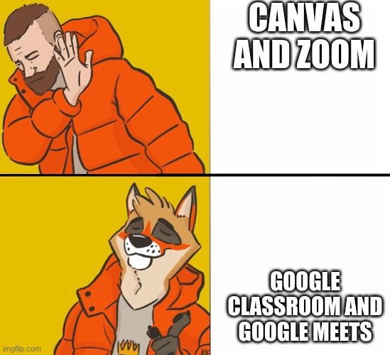 Furry Drake | CANVAS AND ZOOM GOOGLE CLASSROOM AND GOOGLE MEETS | image tagged in furry drake | made w/ Imgflip meme maker