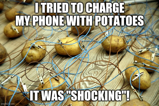 Also can I be a mod. | I TRIED TO CHARGE MY PHONE WITH POTATOES; IT WAS "SHOCKING"! | image tagged in potato servers,potato | made w/ Imgflip meme maker