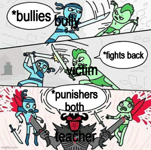 Sword fight | *bullies *fights back *punishers both bully victim teacher | image tagged in sword fight | made w/ Imgflip meme maker