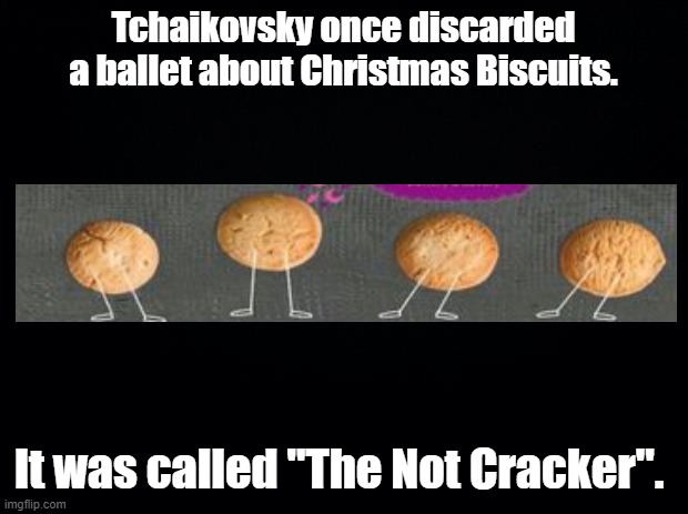 Not Cracker | Tchaikovsky once discarded a ballet about Christmas Biscuits. It was called "The Not Cracker". | image tagged in black background,pun,cracker,biscuits,ballet | made w/ Imgflip meme maker
