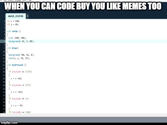 (code by me, i didnt steal it from someone) it actually works. | WHEN YOU CAN CODE BUY YOU LIKE MEMES TOO | image tagged in 69,420,code | made w/ Imgflip meme maker