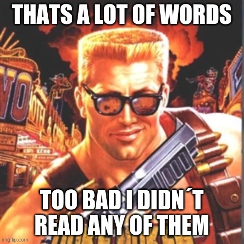 Duke Nukem | THATS A LOT OF WORDS TOO BAD I DIDN´T READ ANY OF THEM | image tagged in duke nukem | made w/ Imgflip meme maker