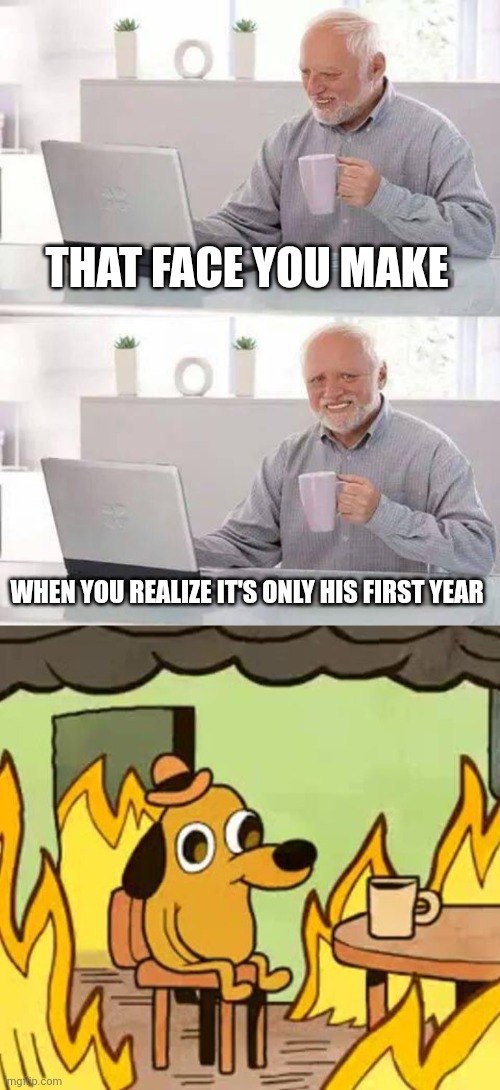 THAT FACE YOU MAKE WHEN YOU REALIZE IT'S ONLY HIS FIRST YEAR | image tagged in memes,hide the pain harold,its fine | made w/ Imgflip meme maker