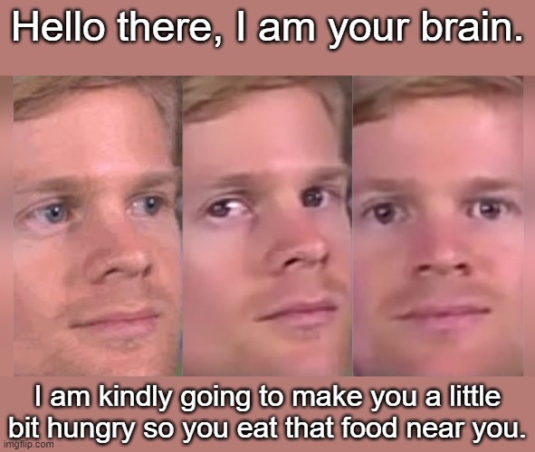 Even if you just ate a minuet ago |  Hello there, I am your brain. I am kindly going to make you a little bit hungry so you eat that food near you. | image tagged in fourth wall breaking white guy | made w/ Imgflip meme maker