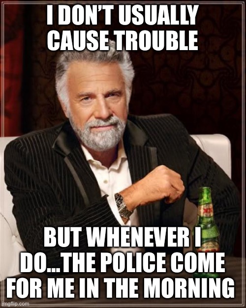 Guess whos goin to jail | I DON’T USUALLY CAUSE TROUBLE; BUT WHENEVER I DO…THE POLICE COME FOR ME IN THE MORNING | image tagged in memes,the most interesting man in the world | made w/ Imgflip meme maker