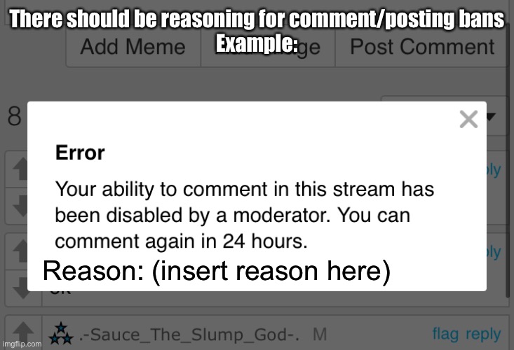 There should be reasoning for comment/posting bans
Example:; Reason: (insert reason here) | made w/ Imgflip meme maker