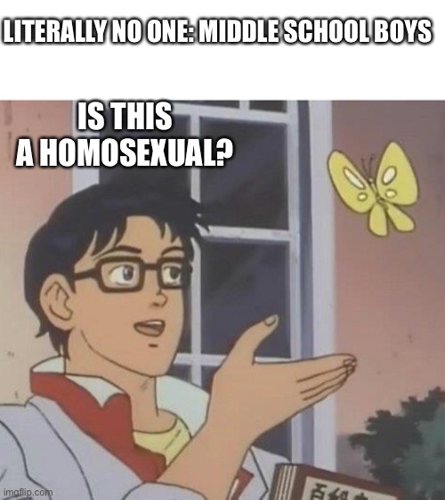 tru | LITERALLY NO ONE: MIDDLE SCHOOL BOYS; IS THIS A HOMOSEXUAL? | image tagged in memes,is this a pigeon | made w/ Imgflip meme maker