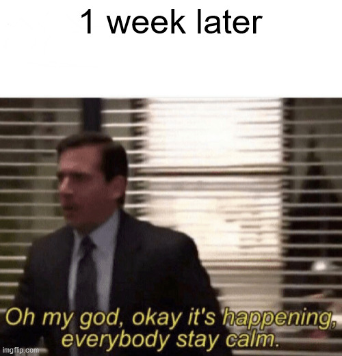 Oh my god,okay it's happening,everybody stay calm | 1 week later | image tagged in oh my god okay it's happening everybody stay calm | made w/ Imgflip meme maker