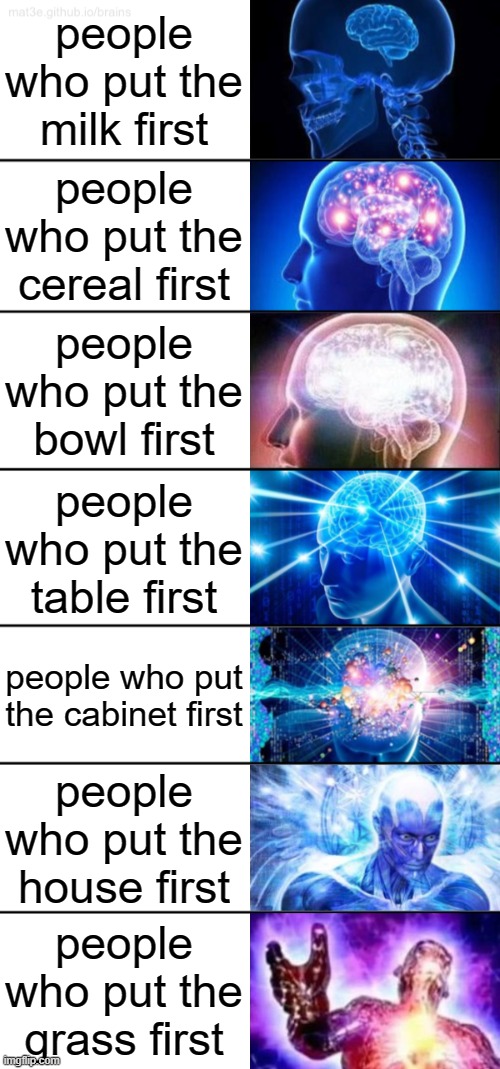 L E A R N B A S I C S N E R D | people who put the milk first; people who put the cereal first; people who put the bowl first; people who put the table first; people who put the cabinet first; people who put the house first; people who put the grass first | image tagged in 7-tier expanding brain | made w/ Imgflip meme maker