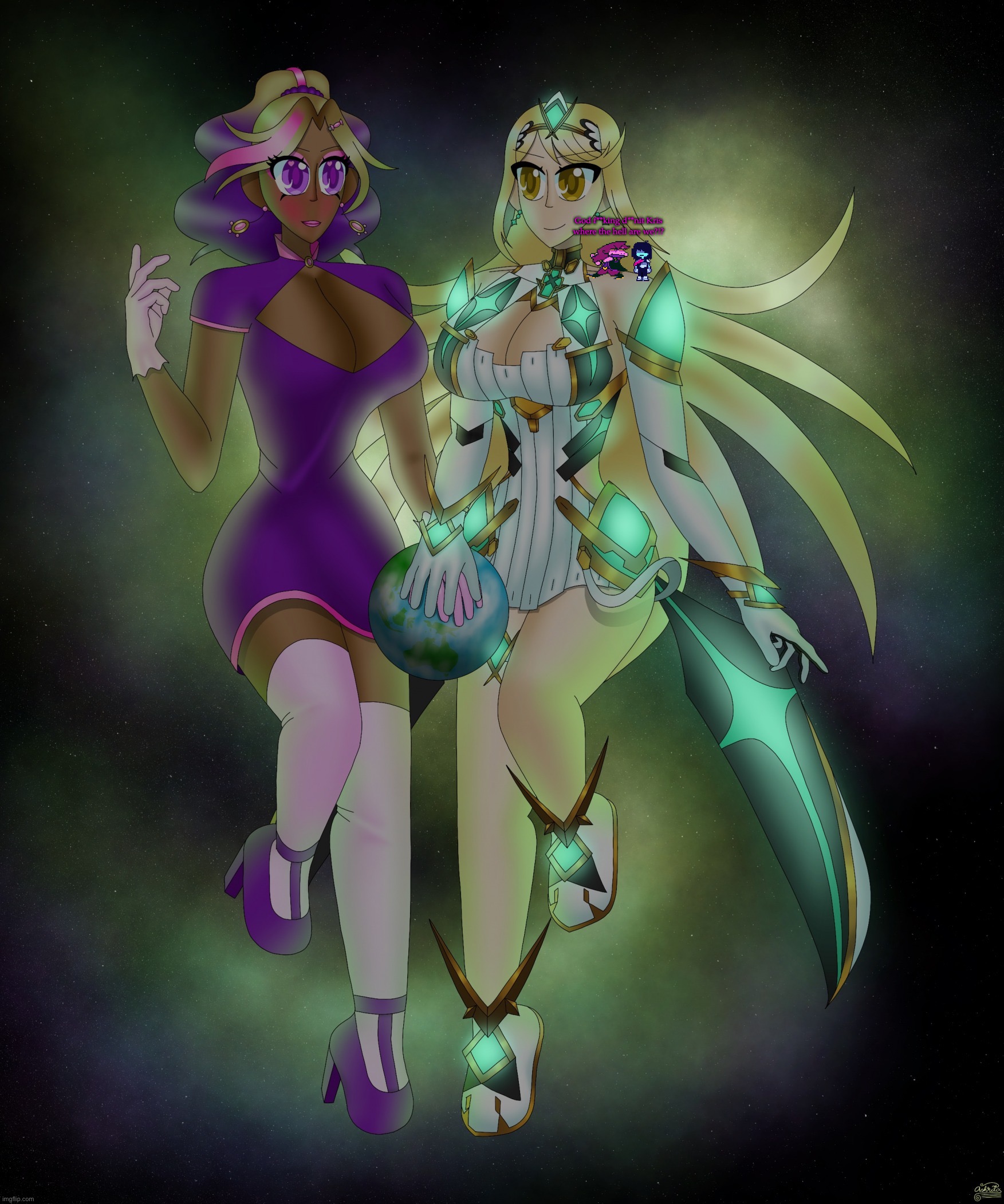 Kashiko Murasaki and Mythra | God f**king d**nit Kris where the hell are we?!? | image tagged in kashiko murasaki and mythra,kris | made w/ Imgflip meme maker