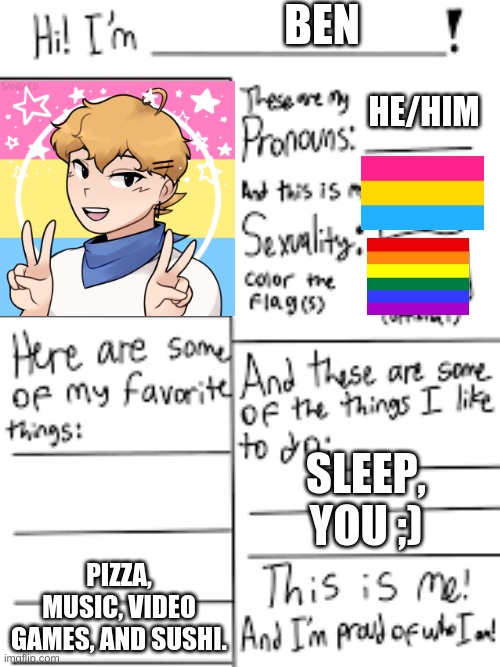 hi im... | BEN; HE/HIM; SLEEP, YOU ;); PIZZA, MUSIC, VIDEO GAMES, AND SUSHI. | image tagged in hi im | made w/ Imgflip meme maker