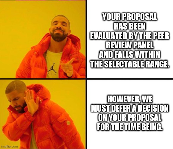 drake yes no reverse | YOUR PROPOSAL HAS BEEN EVALUATED BY THE PEER REVIEW PANEL AND FALLS WITHIN THE SELECTABLE RANGE. HOWEVER, WE MUST DEFER A DECISION ON YOUR PROPOSAL FOR THE TIME BEING. | image tagged in drake yes no reverse | made w/ Imgflip meme maker