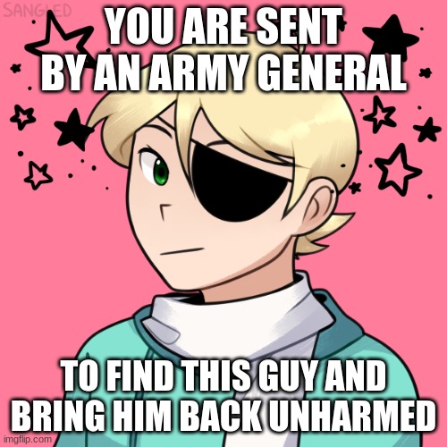 Kinda op oc's allowed, except for OCs that can dodge everything or invincible | YOU ARE SENT BY AN ARMY GENERAL; TO FIND THIS GUY AND BRING HIM BACK UNHARMED | image tagged in action,roleplaying | made w/ Imgflip meme maker