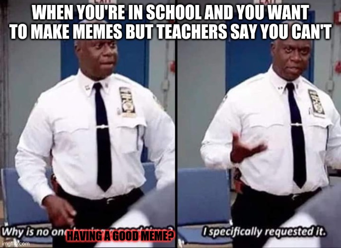 Why is no one having a good time? I specifically requested it | WHEN YOU'RE IN SCHOOL AND YOU WANT TO MAKE MEMES BUT TEACHERS SAY YOU CAN'T; HAVING A GOOD MEME? | image tagged in why is no one having a good time i specifically requested it | made w/ Imgflip meme maker