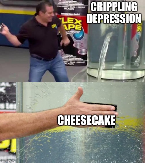 Cheezcaik 2.0 | CRIPPLING DEPRESSION; CHEESECAKE | image tagged in flex tape,cheesecake | made w/ Imgflip meme maker
