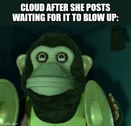 . | CLOUD AFTER SHE POSTS WAITING FOR IT TO BLOW UP: | image tagged in toy story monkey | made w/ Imgflip meme maker