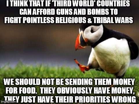 Unpopular Opinion Puffin | I THINK THAT IF 'THIRD WORLD' COUNTRIES CAN AFFORD GUNS AND BOMBS TO FIGHT POINTLESS RELIGIOUS & TRIBAL WARS WE SHOULD NOT BE SENDING THEM M | image tagged in memes,unpopular opinion puffin,AdviceAnimals | made w/ Imgflip meme maker