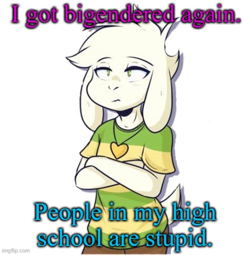 Godammnit | I got bigendered again. People in my high school are stupid. | image tagged in asriel | made w/ Imgflip meme maker