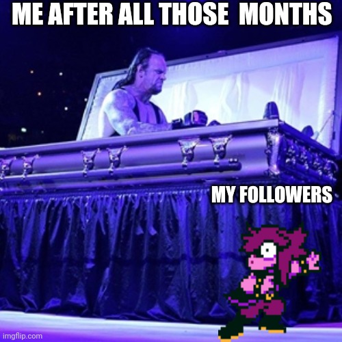 I'm back | ME AFTER ALL THOSE  MONTHS; MY FOLLOWERS | image tagged in rising from coffin | made w/ Imgflip meme maker
