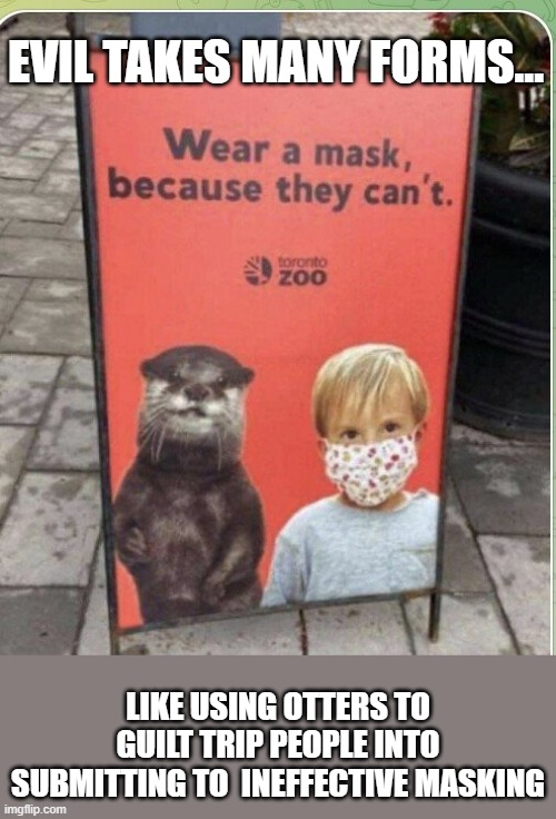 They otter be ashamed | EVIL TAKES MANY FORMS... LIKE USING OTTERS TO GUILT TRIP PEOPLE INTO SUBMITTING TO  INEFFECTIVE MASKING | image tagged in otter,covid,face mask,mask | made w/ Imgflip meme maker