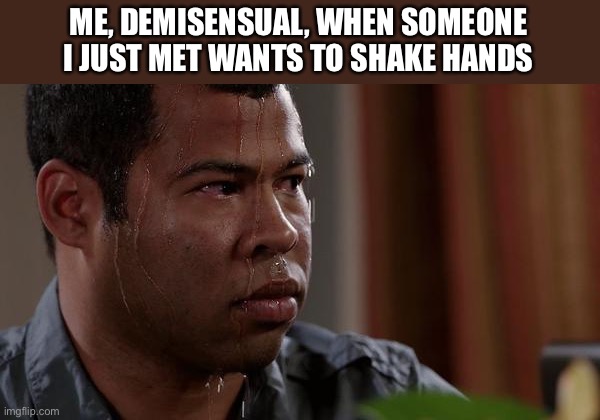 sweating bullets | ME, DEMISENSUAL, WHEN SOMEONE I JUST MET WANTS TO SHAKE HANDS | image tagged in sweating bullets | made w/ Imgflip meme maker