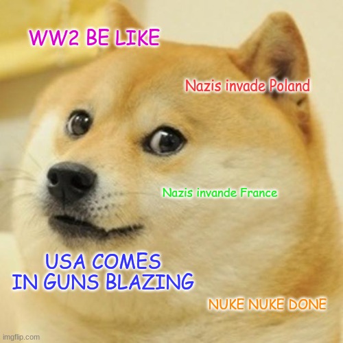 Doge | WW2 BE LIKE; Nazis invade Poland; Nazis invande France; USA COMES IN GUNS BLAZING; NUKE NUKE DONE | image tagged in memes,doge | made w/ Imgflip meme maker