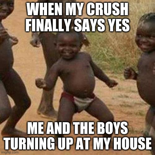 Me and da boys | WHEN MY CRUSH FINALLY SAYS YES; ME AND THE BOYS TURNING UP AT MY HOUSE | image tagged in memes,third world success kid | made w/ Imgflip meme maker