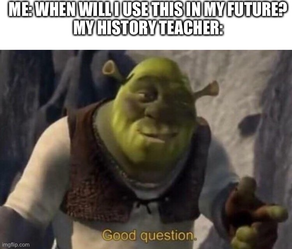 Shrek good question | ME: WHEN WILL I USE THIS IN MY FUTURE?

MY HISTORY TEACHER: | image tagged in shrek good question | made w/ Imgflip meme maker